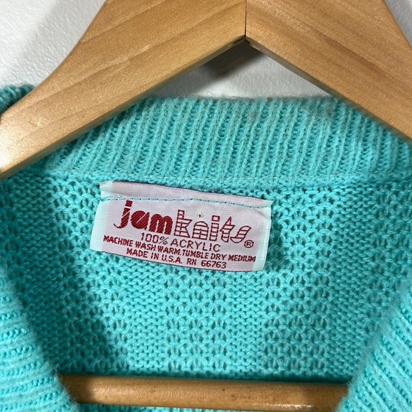 Sweat Jamknits 80's Vintage Aqua &Yellow Sweater Jumper pullover Crewneck spring - Picture 2 of 4